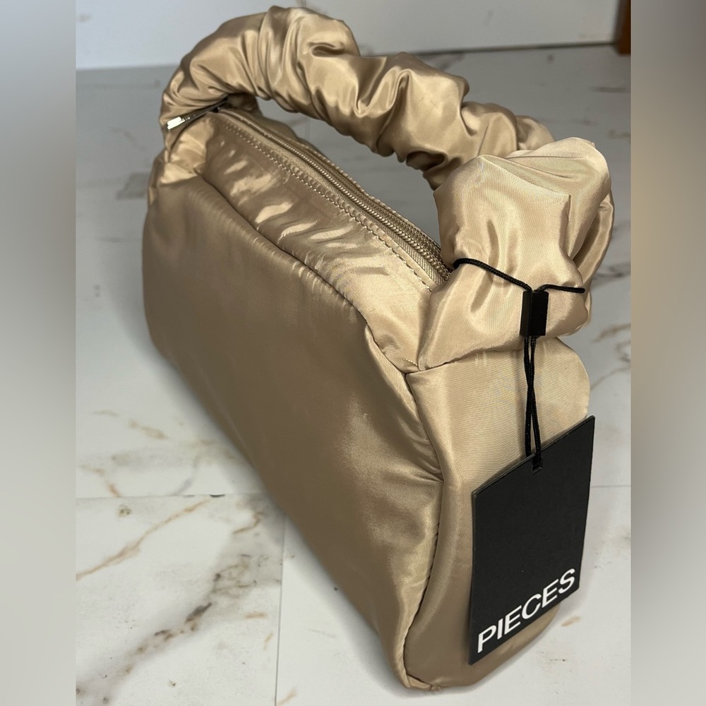 NWT Pieces Satin Ruched Handle Purse Shiny Champagne Neutral